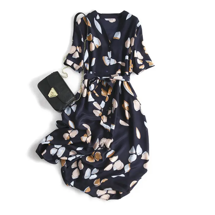 Factory Wholesale Short Sleeve Mid Length Mulberry Silk Dress 100% Silk Dresses Women