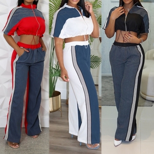 Conjunto de 2 piezas casual de moda para mujer: Top de mezclilla con cuello de colores y cremallera y pantalones de pierna ancha - Product Image 6