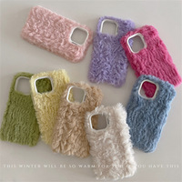 Coque de téléphone en peluche couleur unie style INS avec support de téléphone, compatible avec les modèles 11/12/13/16/17 Pro Max, design maquillage pour femme