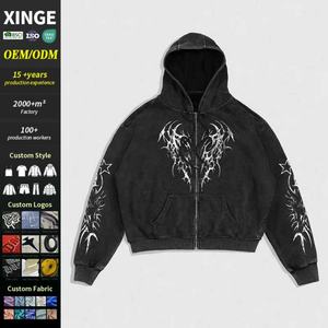 Sudadera con capucha de alta calidad con lavado ácido, estilo urbano vintage, logotipo bordado personalizado, hombros caídos, oversize, con cremallera y efecto desgastado para hombre - Product Image 1