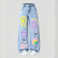 Celana Jeans Baggy Biru Muda dengan Cetakan Kartun Doodle, Model Distressed Ripped Wide Leg Denim untuk Streetwear Kasual Sehari-hari