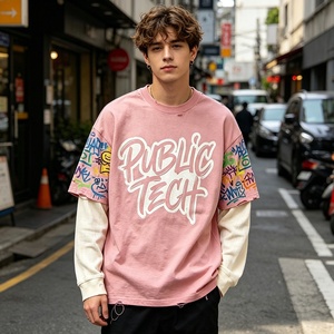 เสื้อยืดสกรีนลายกราฟฟิตีแบบหลวมสไตล์สตรีทพิมพ์ลายสองชั้นสำหรับผู้ชาย สั่งซื้อทดลองได้ในราคาพิเศษสำหรับการสั่งซื้อจำนวนมาก - Product Image 3