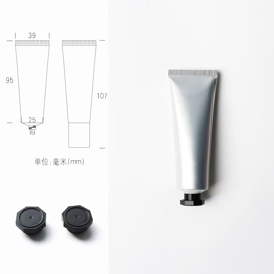 Tube en plastique aluminium argenté + Bouchon octogonal noir