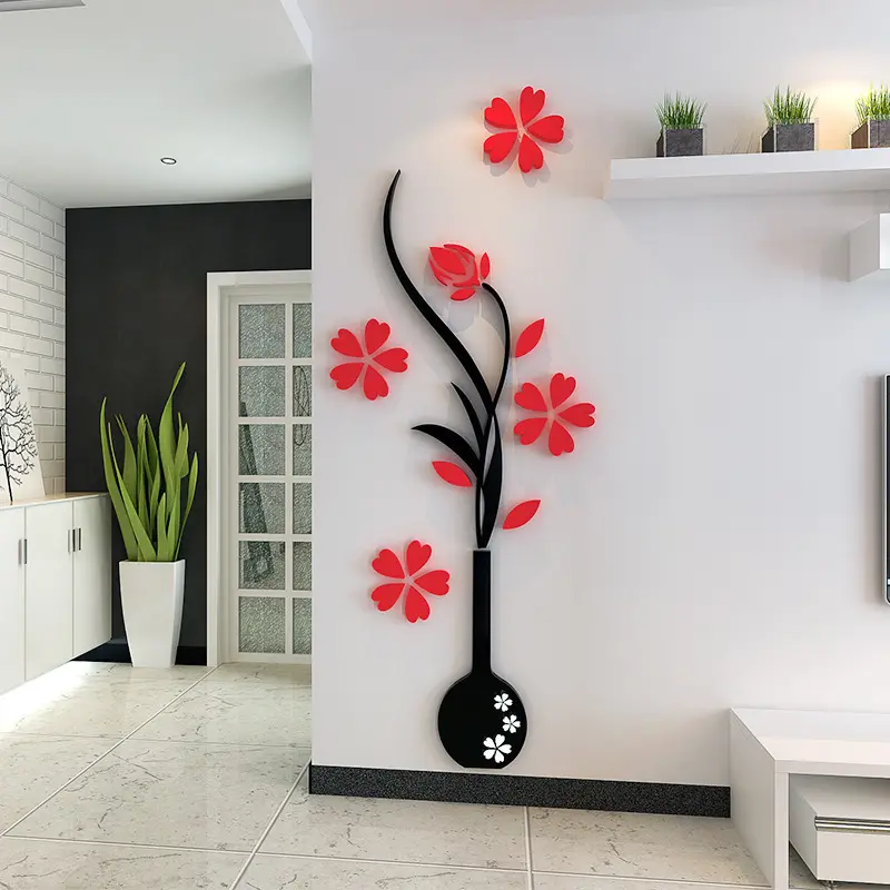 Wall Stickers Large Vase Flower 3d Home Decoration Acrylic Decorative Sticker