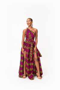 Vestido Maxi Africano para Mujer, Vestido Maxi con Estampado de Hombros Descubiertos con Patrón Geométrico Verde y Morado para Mujer, Tela Africana - Product Image 4