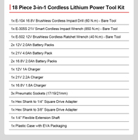 Ensemble d'outils électriques sans fil au lithium-ion 3-en-1 de 18 pièces, clé à cliquet 40 Nm, perceuse 60 Nm, clé à chocs 850 Nm, kit combiné