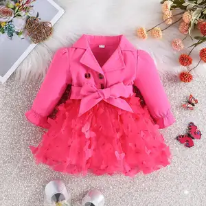 2024 primavera otoño nuevo fucsia dulce lindo manga larga 3D mariposa malla vestido de niña Venta caliente vestidos de bebé