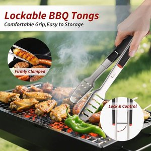 Ensemble de 4 outils de barbecue en acier inoxydable, spatule, fourchette, pinces, retourneur de grillades, avec étui de transport en nylon pour barbecue en plein air - Product Image 5