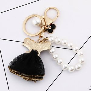 New Fashion Black Skirt Keychain Pearl <b>Key</b> Chains Women Bag Charm Pendant Car <b>Key</b> <b>Ring</b> Creative Dress Design Keyings Wholesale - Product Image 3