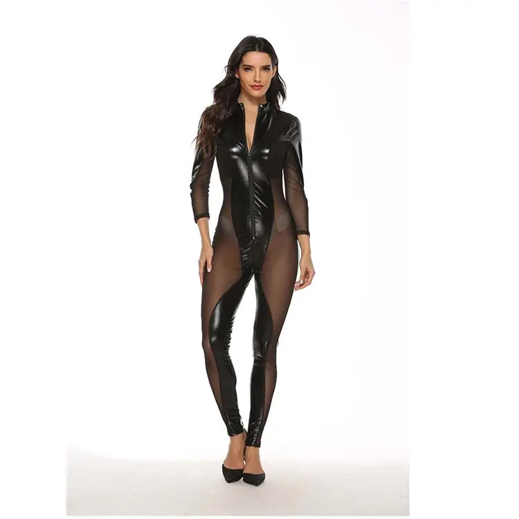 Mujeres Sexy Lencería Catsuit PVC Cuero Damas Negro Látex Cremallera Entrepierna Body Disfraz Erótico Clubwear