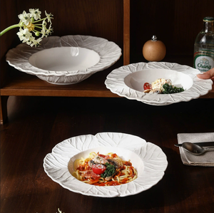 Ensemble d'assiettes en céramique nordique, motif feuille en relief, assiettes creuses en forme de chapeau pour pâtes, assiettes de dîner occidentales, vaisselle de gros pour hôtels et restaurants - Product Image 3
