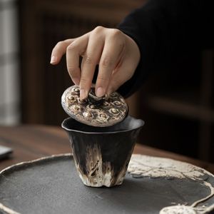 Gaiwan en céramique de 200 ml, fait main, motif lotus en relief, style Tureewabi Sabi, en poterie rustique, pour la préparation <span class=keywords><strong>du</strong></span> thé Kung Fu, cadeau - Product Image 3