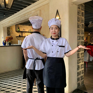 Veste de chef à manches courtes, blanc avec bordure noire, légère et durable, pour cuisine, hôtel, restaurant, uniforme OEM, fournisseur d'usine - Product Image 5