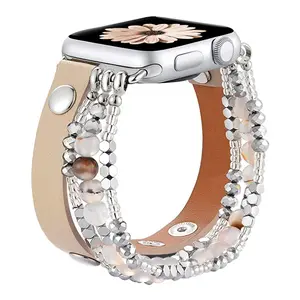 New Fashion Watch Band Beaded Gemstone Bracelet Band For Apple Watch Bands,Women Leather Strap For iWatch 7654321