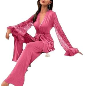 ชุดเสื้อคลุมและกางเกงผ้าลูกไม้สำหรับผู้หญิงชุดเสื้อคลุมแขนยาวแบบลำลองระบายอากาศใส่ในบ้าน - Product Image 5