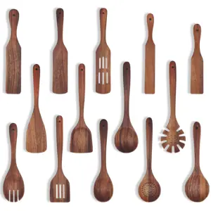 Black Walnut Wood Whisk Pasta Server Slotted Spoon Solid Spoon Food Turner Curved Spoon Kitchen Cooking Tools Utensils Set of 14
