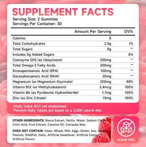 OEM Private Label Co-enzym Q10 Gummies 250mg 99% Zuiverheid Voedingskwaliteit Frambozen smaak Suiker Vrij Omega-3 Vitamine <span class=keywords><strong>B12</strong></span> Supplement - Product Image 2