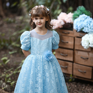 Robe de princesse en dentelle florale pour enfants, robe de bal bleu ciel, décolleté en cœur, robe de demoiselle d'honneur - Product Image 1