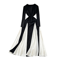 Robe longue élégante à manches longues et blocs de couleur pour femme, nouvelle collection 2024, taille cintrée, ourlet à volants, robes de soirée formelles