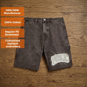 OEM Clothing Manufacturer Custom Baggy Vintage <b>Wash</b> Applique Embroidery Denim Shorts Leather Patch Loose Streetwear Men's Shorts - Product Image 1