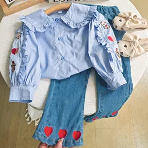 2024 Spring kids clothes New Girls' Set Long sleeved Cute girls Shirt and Jeans Two Piece Set