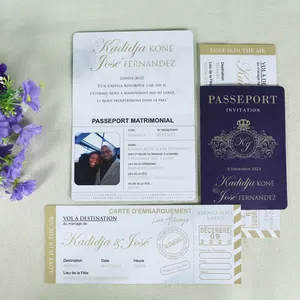 Pasaporte de papel azul marino y dorado real, invitaciones de boda, tarjeta de embarque con mapa del mundo impreso DIY, guardar las tarjetas de Fecha