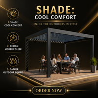 Pergola à lames gris foncé avec stores enrouleurs et moustiquaires pour cour et terrasse de villa