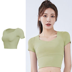 Haut court à col carré et manches courtes, sans couture, respirant, en Spandex et Polyester, pour le yoga, taille haute, couleur unie - Product Image 5