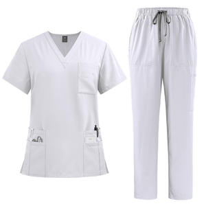 Conjunto de Uniformes Médicos Unisex Blancos que Absorben la Humedad |   Top de Manga Corta con Cuello <span class=keywords><strong>en</strong></span> V y Pantalones con Cordón Ajustable, 94% Poliéster, 6% Elastano |   OEM - Product Image 1