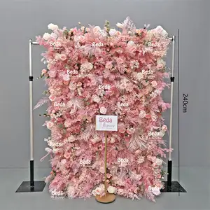 New Product Custom Wedding Event Decor Pink Floral Wall Backdrop Panel 5D Roll Up Artificial Silk Flower Wall For Wedding Decor