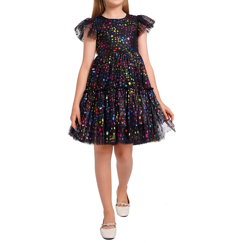 Summer Girls Dresses Ruffles Short Sleeve Star Sequin Tulle Cute and Fashion Cotton Lining Kids Clothes Pearl Dresses