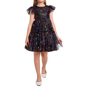 Summer Girls Dresses Ruffles Short Sleeve Star Sequin Tulle Cute And Fashion Cotton Lining Kids Clothes Pearl Dresses