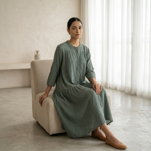 Linen Maxi Dress Crew Neck <b>Three</b> Quarter Sleeve Loose Fit Solid Color Button Front Casual Daily Wear All Seasons Women - Product Image 1