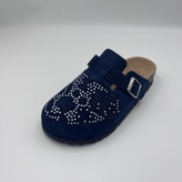 Sabots Boston en daim bleu marine à motif floral en cristal et strass pour femme, à bout fermé, avec boucle argentée, chaussures plates en liège – Vente en gros