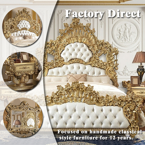 Muebles de Dormitorio de Lujo Estilo Francés, Cama de Madera Tallada Completamente Dorada con Cuero Acolchado para Decoración de Villas y Palacios Reales - Product Image 2