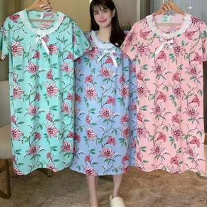 ชุดนอนลำลองของผู้หญิงพิมพ์ลายดอกไม้ชุดนอนเลานจ์สไตล์ชายหาดฤดูร้อนลูกไม้คอกลมผ้าไหม<span class=keywords><strong>นม</strong></span>โอเวอร์ไซส์เดรสเสื้อยืดใส่อยู่บ้าน - Product Image 6