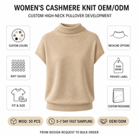 Pull en cachemire personnalisé pour femme, col haut, manches courtes, tricot côtelé, respirant