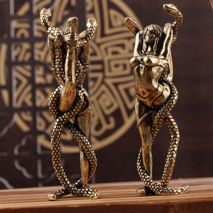 Brass Figurine Beauty And Snake 2Pcs Tabletop <b>Decor</b> Home Office Desk Ornament Sculpture Craft - Product Image 3