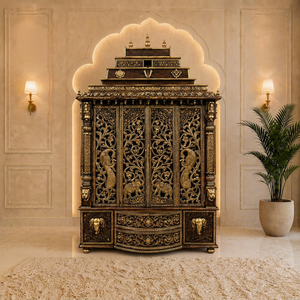 Mandir de madera Tirupati Balaji con puertas talladas con motivos de pavo real, estilo exclusivo del sur de la India, templo de madera tallado a mano para el hogar, Australia. - Product Image 1
