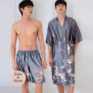 SAMWESTART Print Kimono Nightwear <strong>Men</strong> Satin Crane Sleepwear Home <strong>Dressing</strong> <strong>Gown</strong> Robe Set Lounge Wear Nightgown Bathrobe - Product Image 4