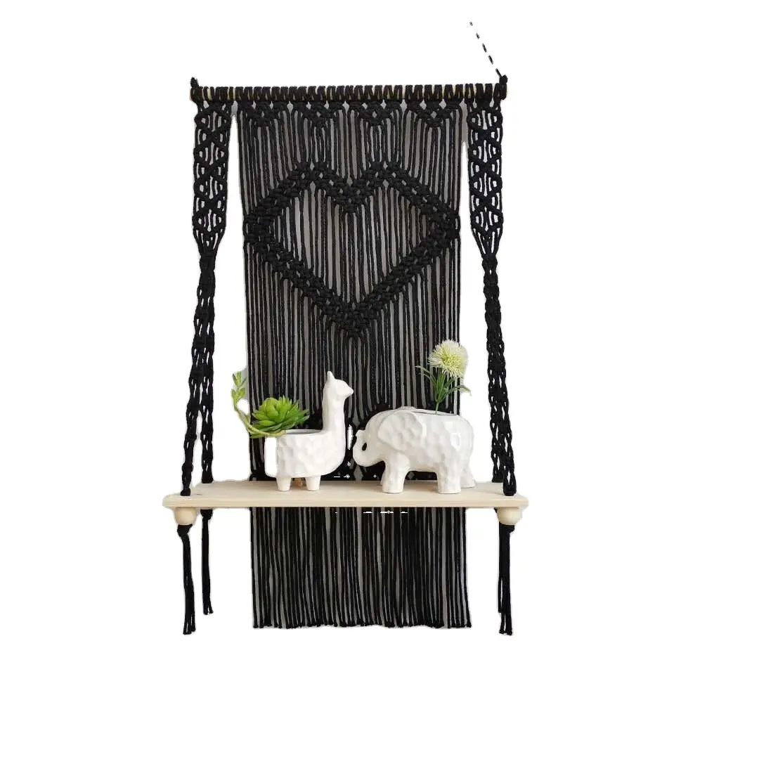 Black Wooden Macrame Plant Hanger Wall Floating Shelf for Home Decor