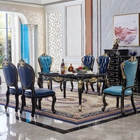 Table à manger ronde en bois et marbre noir de style royal antique français européen, durable et confortable, avec six chaises en cuir violet