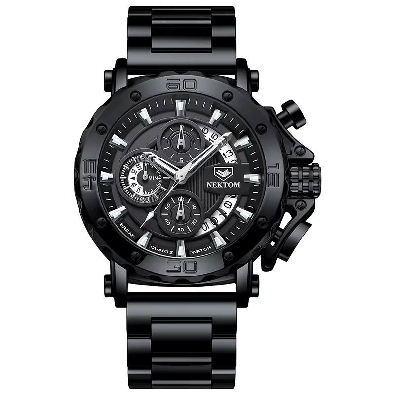 NEKTOM 8229 Men's Watches Waterproof Large Quartz Dial Steel Strap  Chronograph Wristwatch Fashion Luminous Sports Watch for Men