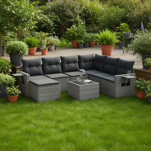 Grey Garden <b>Sofa</b> Set <b>Rattan</b> 6 Seater Outdoor Furniture With Side Tables Contemporary Design - Product Image 2