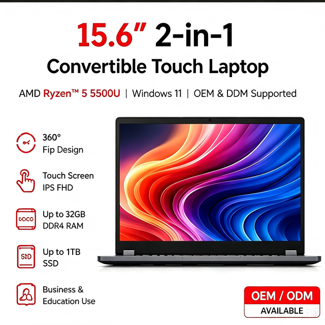 New 15.6" 360 Foldable Touchscreen IPS Laptop Windows 11 Home AMD Ryzen5 5500U 6 Core SSD 2-in-1 English EU