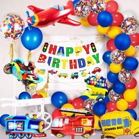 Kit de Bannière Joyeux Anniversaire Thème Transport : Autobus Scolaire, Train, Camion de Pompiers, Moto, Avion – Décoration de Fête d'Anniversaire pour Enfants
