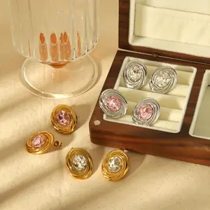 Brincos de ouro banhados a ouro 18K sem manchas, brincos de zircônia rosa, novos e luxuosos, em aço inoxidável 316L para mulheres