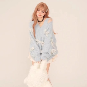 Pulls en tricot pour femmes à col en V, épaules dénudées, manches longues, avec nœud, épais et chauds, couleur unie, style <span class=keywords><strong>chic</strong></span> et doux - Product Image 6