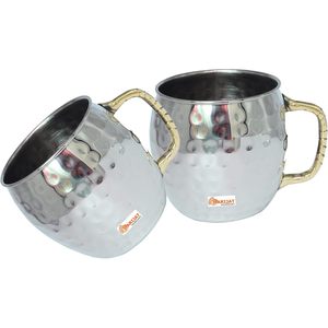 PARIJAT Handicraft Pack 2 Stainless Steel Moscow Mule Mugs 16 Ounce <b>Insulated</b> Ceramic <b>Cups</b> Brass Handle Coffee Beer Mug <b>Cups</b> - Product Image 3
