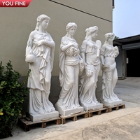 YOUFINE Ensemble de 4 sculptures de déesses des quatre saisons en fibre de verre blanches grandeur nature, sculptées à la main, statues de femmes aux motifs floraux et fruitiers avec piédestal